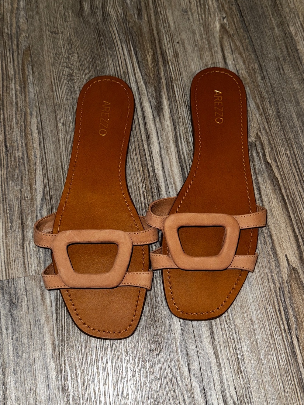 Arezzo Tan Slide Sandals with Square Buckle
